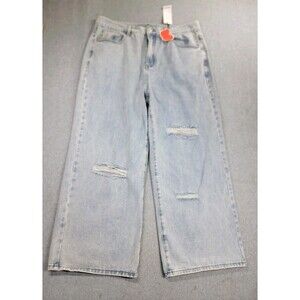 Cider Jeans Womens 1XL 37x27 Wide Leg High Rise Light Blue Distressed Boho NEW
